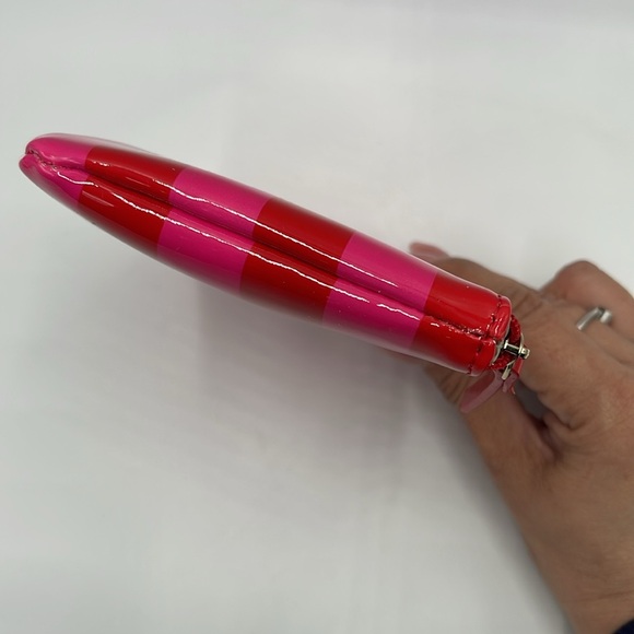 Kate Spade Patent Red and Hot Pink Striped Zip Small Wallet/Bag/Pouch 6" Wide - Picture 8 of 13